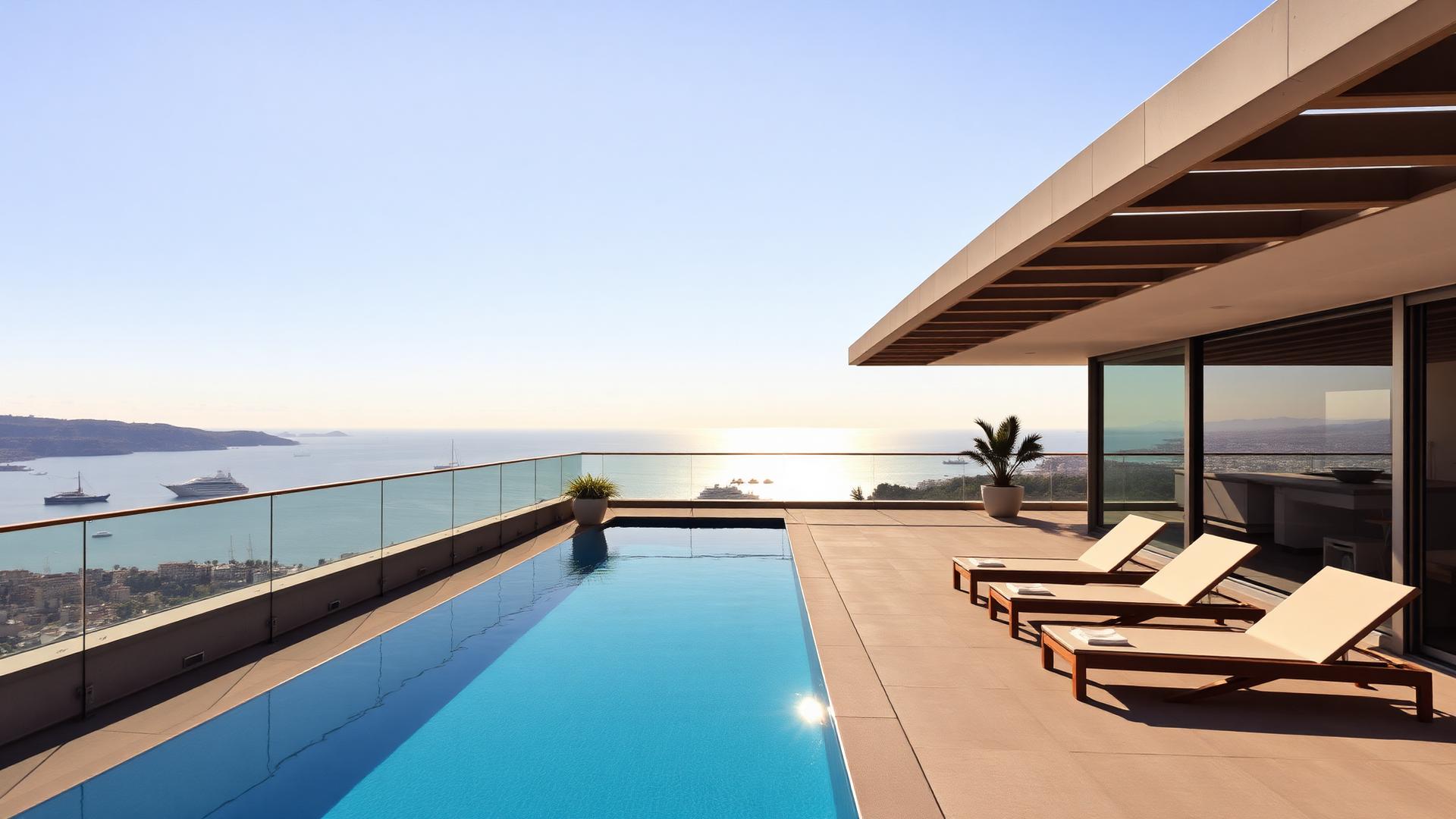 Terraza con piscina y vistas al Mediterráneo